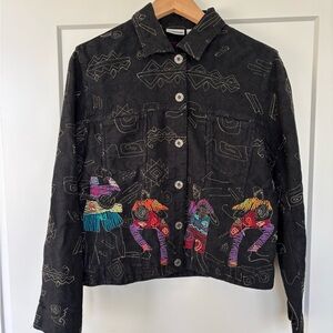Chico's Black Jean Jacket with Colorful Embroidery